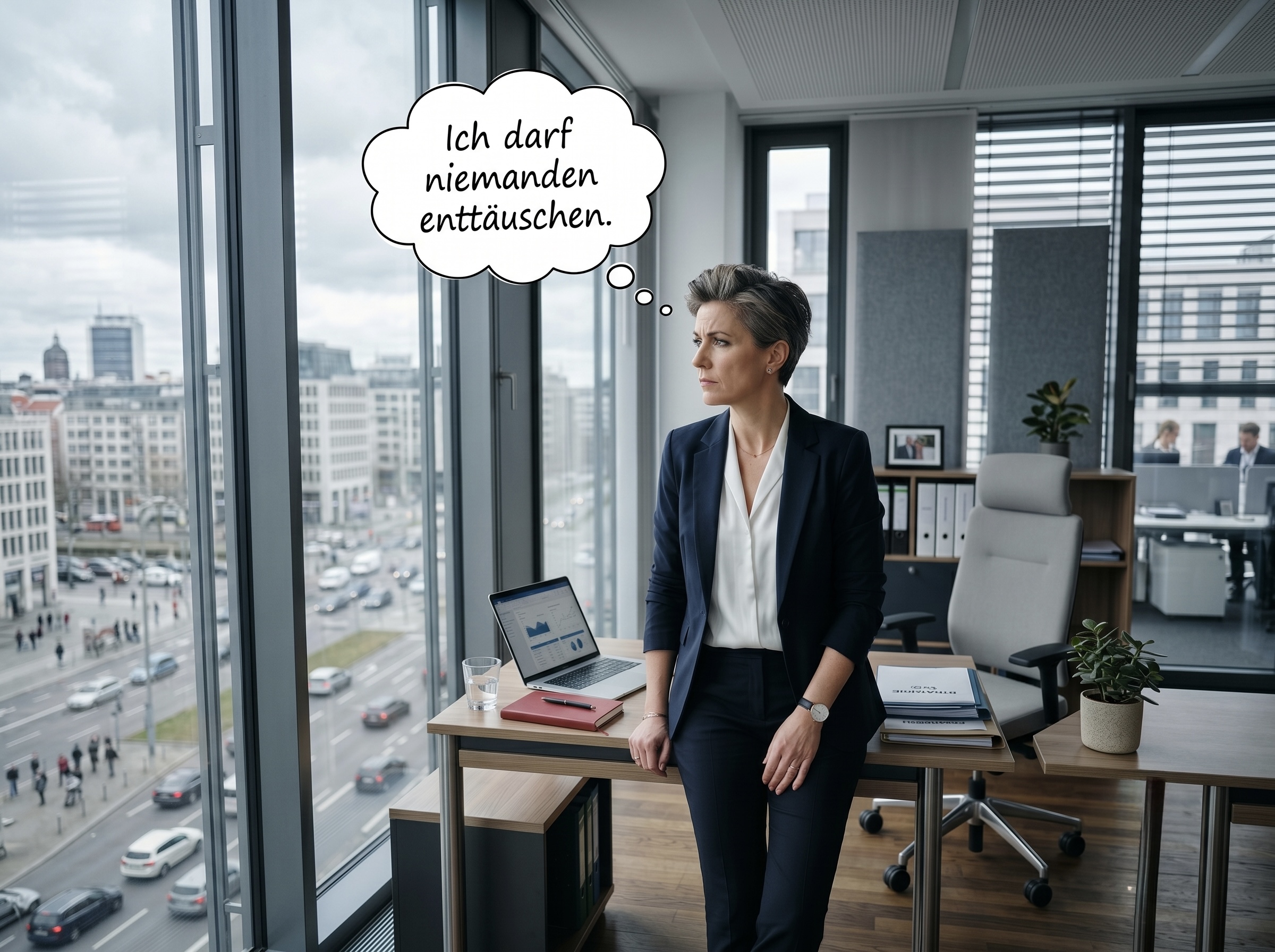 Eine etwa fünfzigjährige Businessfrau steht nachdenklich wirkend an ihrem Schreibtisch. In einer Gedankenblase steht der Text "Ich darf niemanden enttäuschen".