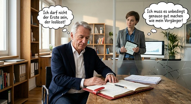 Der Firmensenior sitzt nachdenklich am Schreibtisch. Er sollte nun das Unternehmen abgeben, über seinem Kopf steht in einer Gedankenblase "Ich darf nicht der Erste sein, der loslässt. Hinter einer Glasscheibe steht ebenfalls nachdenklich seine Nachfolgerin. In ihrer Gedankenblase steht „Ich muss es unbedingt genauso gut machen wie mein Vorgänger!“ 